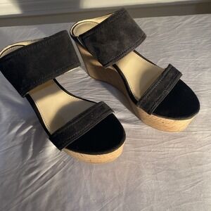 Marc Fisher Women's  Cork Wedge Black Suede Sandal 7.5  Y2K Style           1547